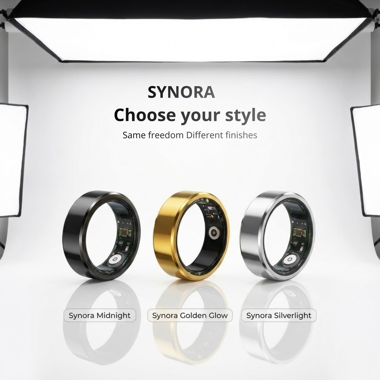 Three Synora smart rings displayed in Midnight Black, Golden Glow, and Silverlight finishes. Stylish wearable tech collection