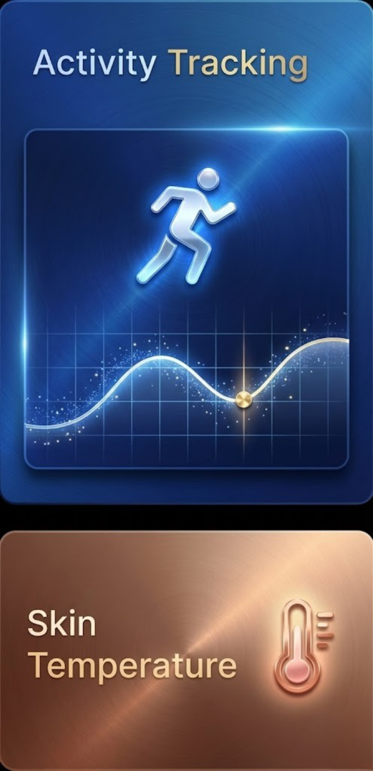 Activity tracking interface with step counter and skin temperature variation trends for wellness insights.