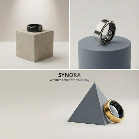 Synora smart ring collection displaying Gold, Silver, and Black finishes. Stylish wellness tracker without monthly fees