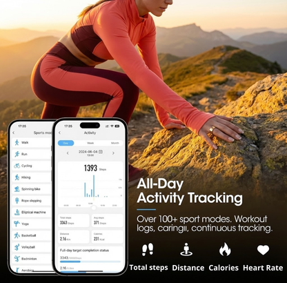 Athletic people using Synora smart ring app to track outdoor activity. Features over 100 sport modes including hiking and running