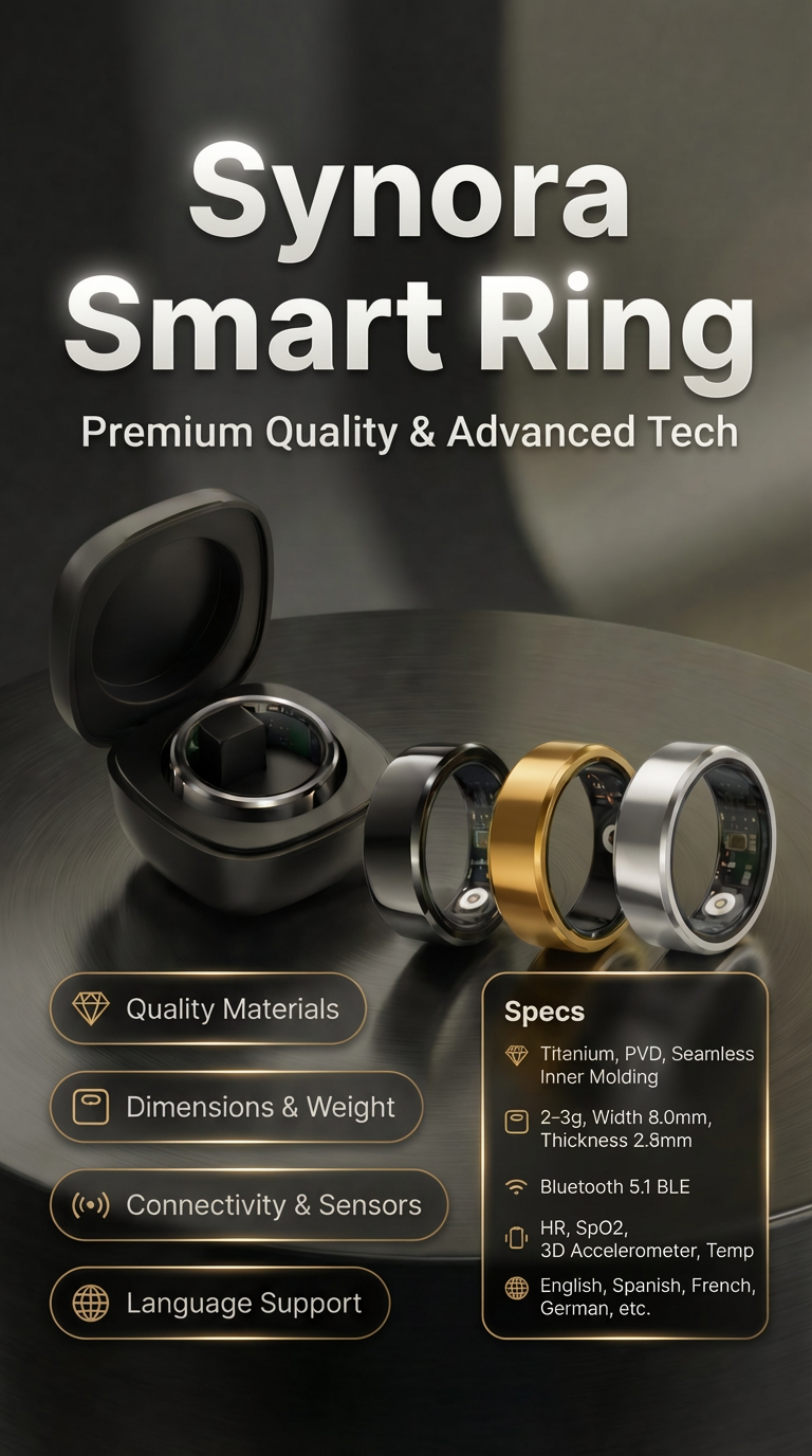 Synora smart ring charging case and collection specs. Premium build quality, long battery life, and durable materials.