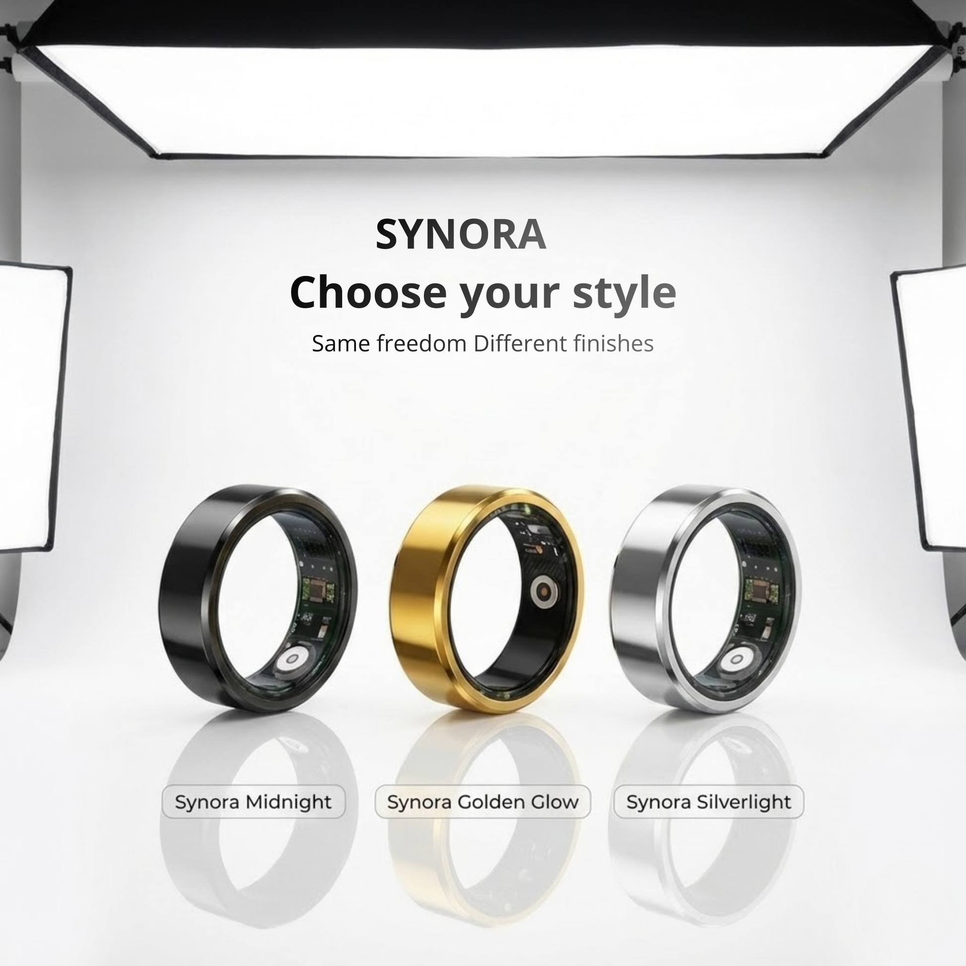 Three Synora smart rings displayed in Midnight Black, Golden Glow, and Silverlight finishes. Stylish wearable tech collection